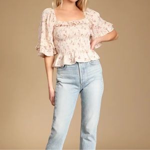 Lulu’s It’s a Real Love Beige Floral Print Smocked Ruffled Top Size Small